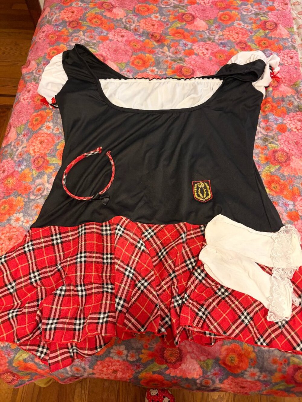 Adult Schoolgirl Halloween Costume Red Plaid Skirt Headband Socks 2X